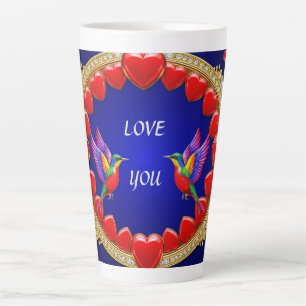 Taza De Café Latte Colibríes Coloridos Rodeados de Corazón Romántico