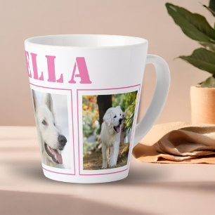 Taza De Café Latte Collage de fotos de perro rosa 3 con nombre 