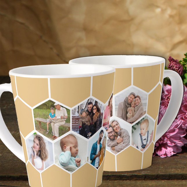 Taza De Café Latte Collage de fotos geométrico 9 Imagen Miel Beige (Photo latte mug with 9 of your favorite pics and honey beige hexagon honeycomb pattern)