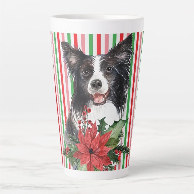 Taza De Café Latte Collie de borde acuarela con poinsettia (Anverso)