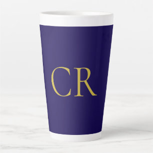 Taza De Café Latte Color Monograma Azul y Dorado Minimalista Moderno