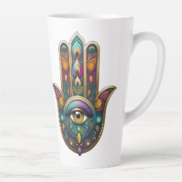 Taza De Café Latte Colores de Pavo Real Hamsa con Tercer Ojo Dorado