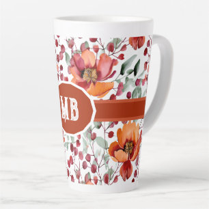 Taza De Café Latte Colores Terrosos, Flores de Otoño Monogramadas