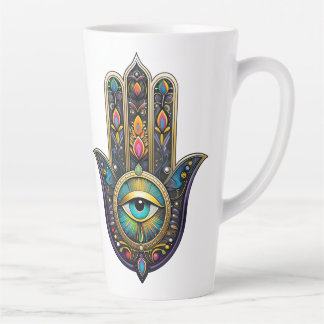 Taza De Café Latte Colorful Black Gold Hamsa w/ Turquoise Third Eye