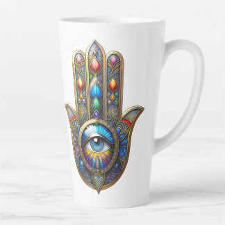 Taza De Café Latte Colorful Gold Hamsa w/ Blue Speckle Third Eye