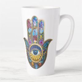 Taza De Café Latte Colorful Petals Leaves Hamsa Sapphire Third Eye
