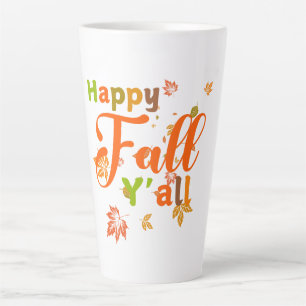 Taza De Café Latte Colorida caída feliz con hojas de otoño