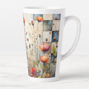 Taza De Café Latte Coloridos Papeles Floral Rústica Azul Patchwork