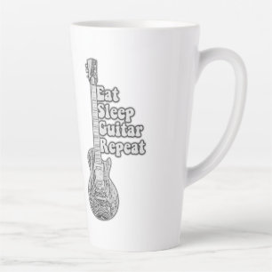 Taza De Café Latte Comer dormir guitarra repetir. vintage blanco y ne