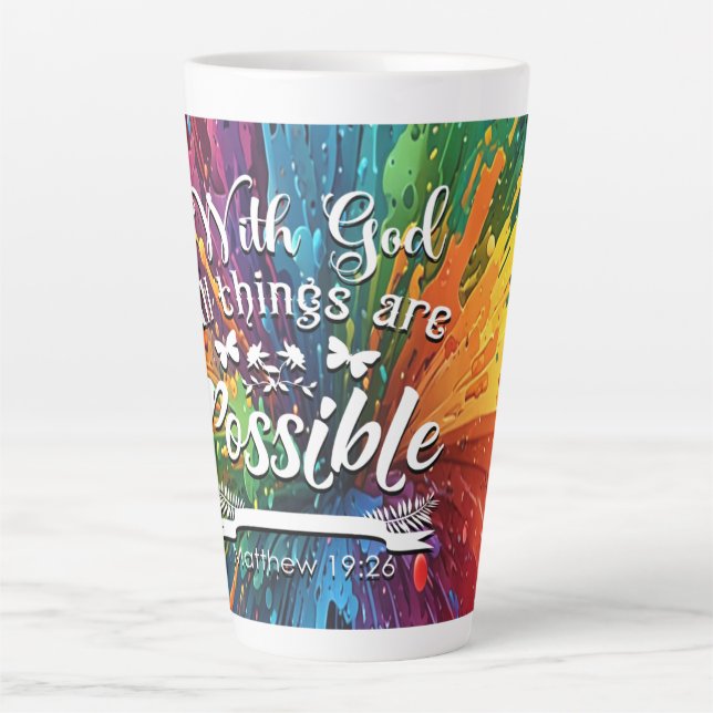Taza De Café Latte Con Dios Mateo 19-26 (Anverso)