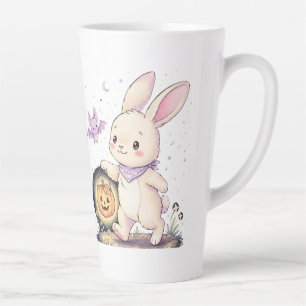 Taza De Café Latte Conejito de Halloween con linterna de calabaza y m