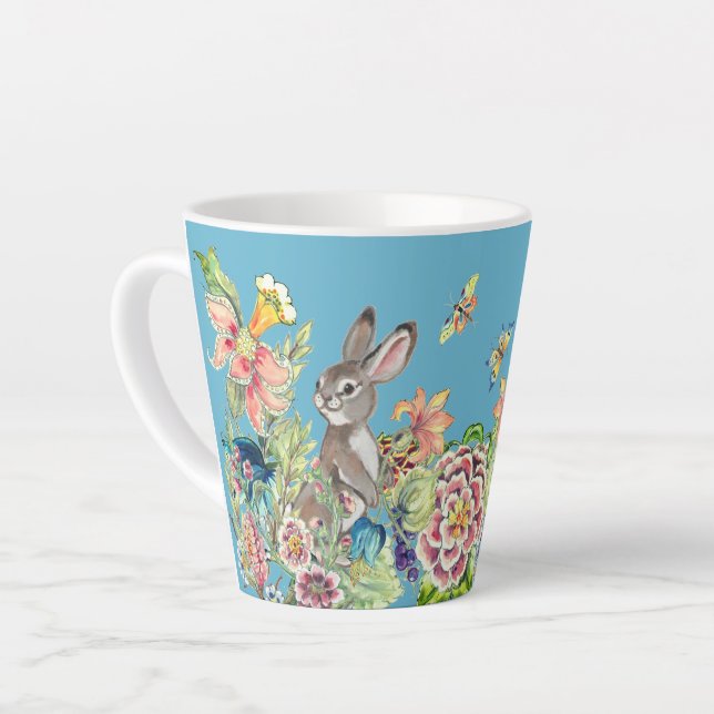 Taza De Café Latte Conejo caprichoso Turquoise Chinoiserie Floral (Ángulo izquierdo)