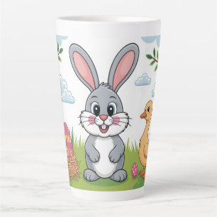 Taza De Café Latte Conejo de Pascua y patito en prado primaveral