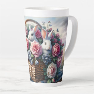 Taza De Café Latte Conejos Anidados Entre Rosas de Cabaña