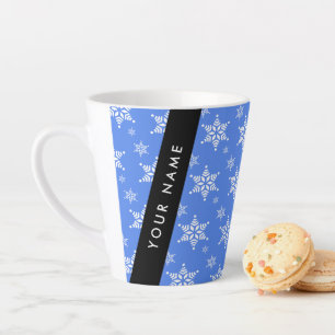 Taza De Café Latte Copia de Copos de nieve blancos, Azul, Tu nombre, 