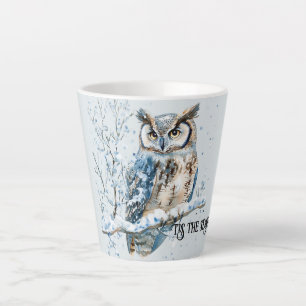 Taza De Café Latte Copo de Nieve de Invierno Búho Azul Navidad Nieve