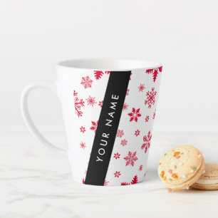 Taza De Café Latte Copos de nieve rojos, tu nombre, personaliza