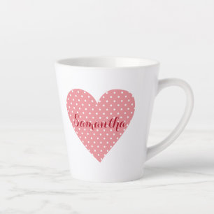 Taza De Café Latte Corazón de puntos de polka blanco y rosa