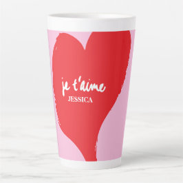 Taza De Café Latte Corazón rojo con je t’aime-text sobre fondo rosado