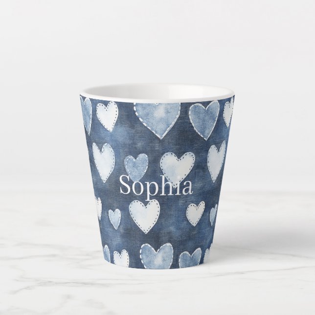 Taza De Café Latte Corazones Azules (Anverso)