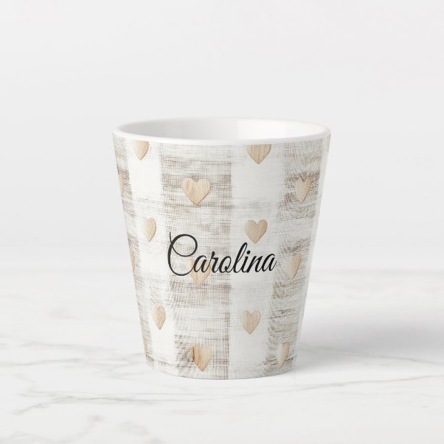 Taza De Café Latte Corazones beige beige blanco crema (Anverso)