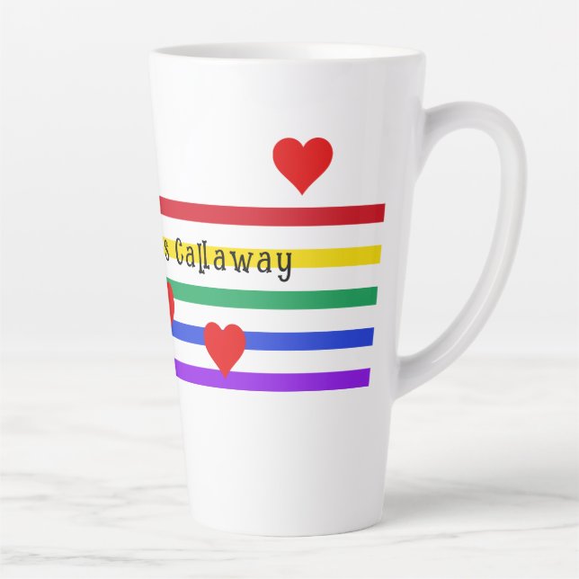 Taza De Café Latte Corazones de rayas arcoiris nombres personalizados (Derecha)