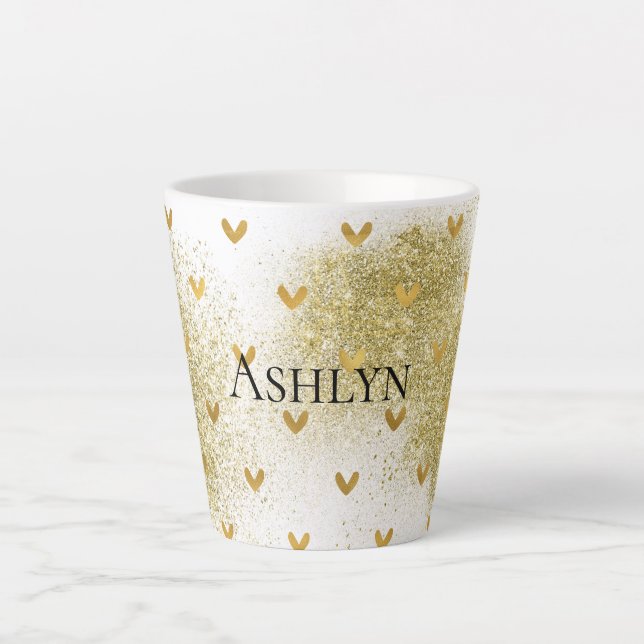 Taza De Café Latte Corazones Purpurinas Glitzy Gold (Anverso)