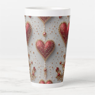 Taza De Café Latte Corazones rojos elegantes con detalles florales do