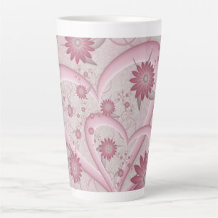 Taza De Café Latte Corazones y flores rosadas adoran el arte fractal