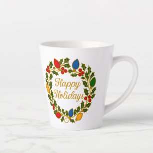 Taza De Café Latte Corona de Felices Fiestas Luces de Navidad y Acebo