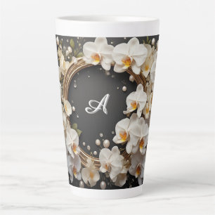 Taza De Café Latte Corona floral de orquídea blanca con perlas y oro