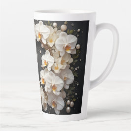 Taza De Café Latte Corona floral de orquídea blanca con perlas y oro