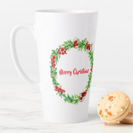 Taza De Café Latte Corona navideña festiva con bayas rojas
