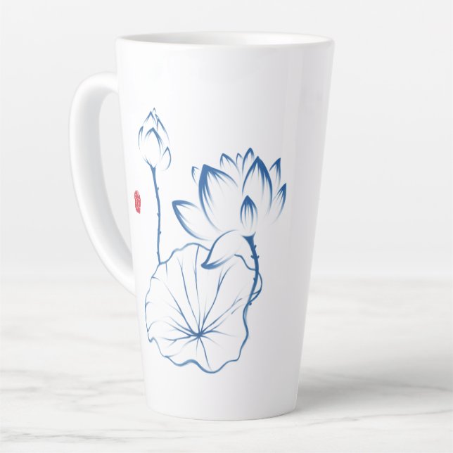 Taza De Café Latte Cotización inspiradora Chinoiserie Blue White Lotu (Ángulo izquierdo)