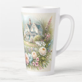 Taza De Café Latte Cottagecore Birdhouse with Floral Garden