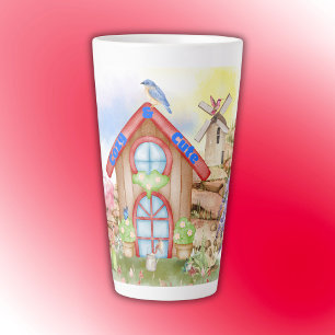 Taza De Café Latte Cottagecore Cosmo y Cuto colorido sobre blanco  