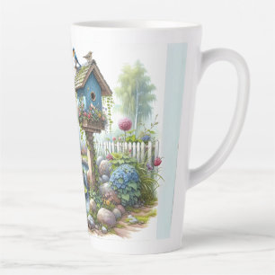 Taza De Café Latte Cottagecore Pajarera Jardín Acuarela