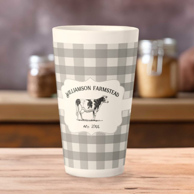 Taza De Café Latte Cow Latte Mug De Granja De Búfalo Gris (Gray Buffalo Plaid Farm Cow Latte Mug)