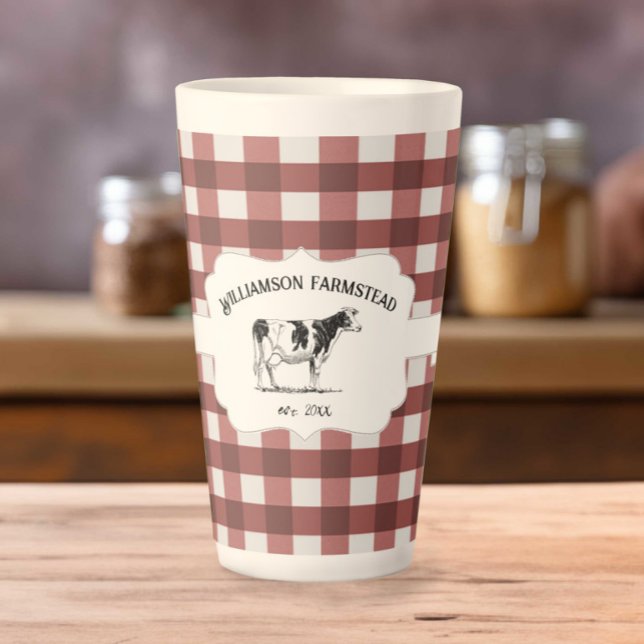 Taza De Café Latte Cow Latte Mug De Granja De Buffalo Rojo (Red Buffalo Plaid Farm Cow Latte Mug)