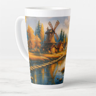 Taza De Café Latte Cozy Windmill Village at Sunrise