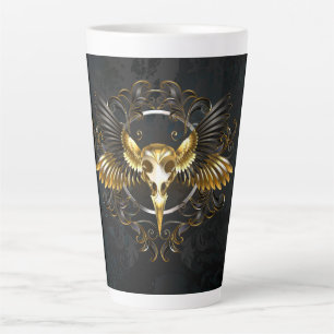 Taza De Café Latte Cráneo de pájaro dorado sobre fondo negro