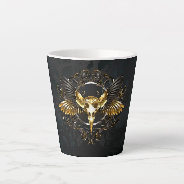Taza De Café Latte Cráneo de pájaro dorado sobre fondo negro (Anverso)