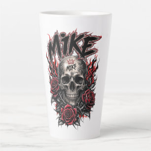 Taza De Café Latte Cráneo gótico de Mike con rosas rojas y llamas