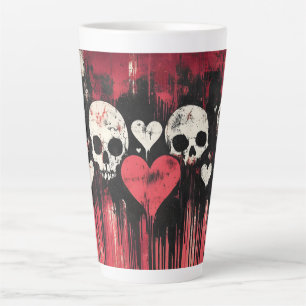 Taza De Café Latte Cráneo Grunge y Corazones: Arte Negro y Rojo Inten