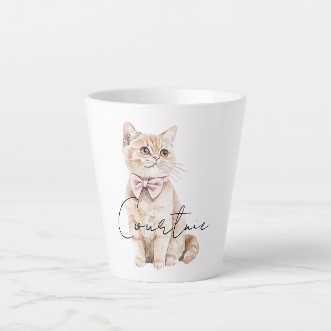 Taza De Café Latte Cream Cat Pink Bow (Anverso)