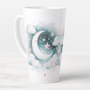Taza De Café Latte Creciente Luna Celeste Boho Moderno Azul y Blanco