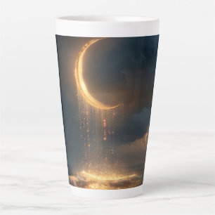 Taza De Café Latte Crescente Luna Dorada Surrealista Sobre el Océano