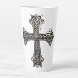 Taza De Café Latte Cruz de plata celta ornamentada con intrincado mot