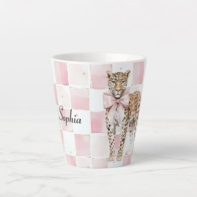 Taza De Café Latte Cuadrados de arco rosado Leopard (Anverso)