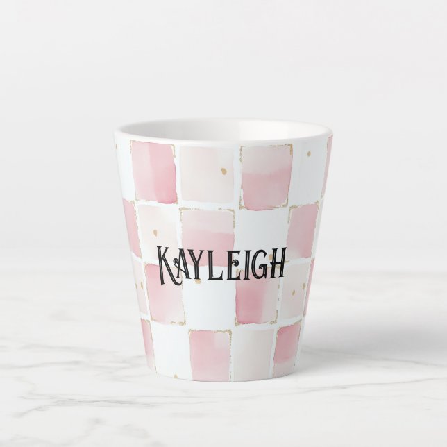 Taza De Café Latte Cuadrados de Moda blanca rosada (Anverso)